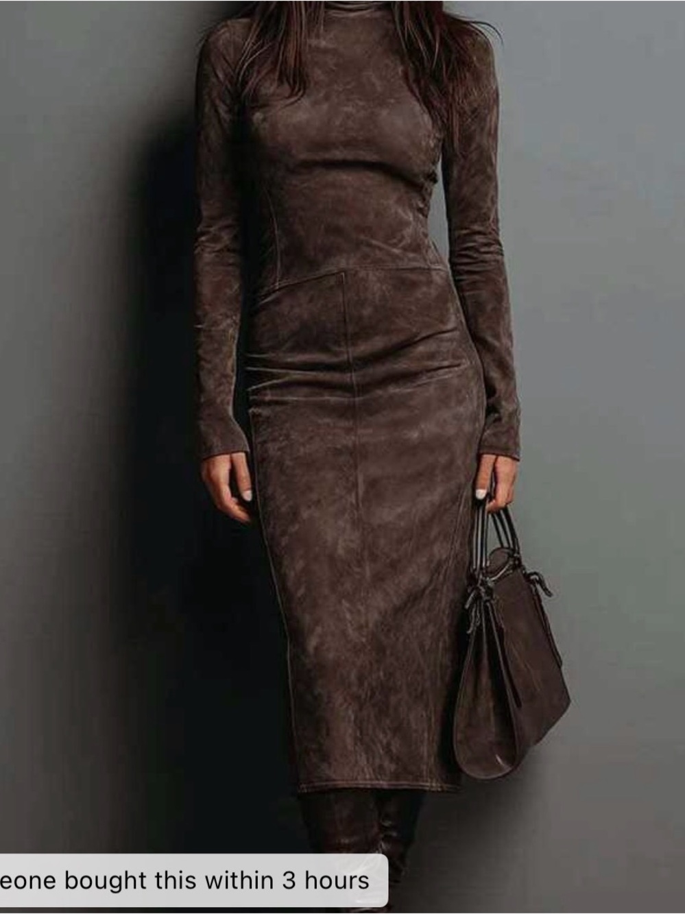Long Sleeve Brown Suede Midi Dress